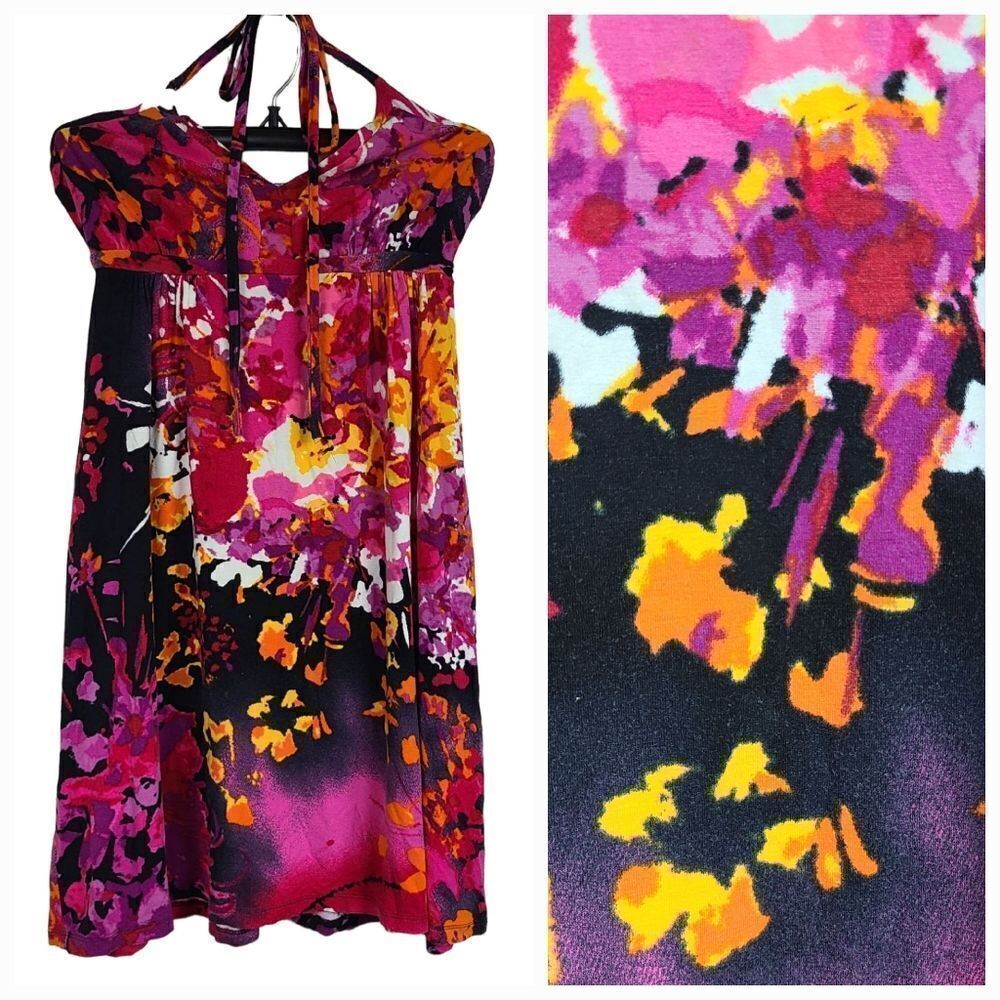 Express Halter Dress XS Colorful Floral Babydoll Mini Sundress Open Back - Picture 2 of 10